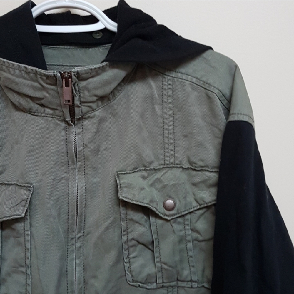 Olive Green Hooded Jacket with Black Sleeves